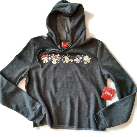 Disney Tops - DISNEY NWT Gray cropped holiday Mickey Mouse fleece hoodie